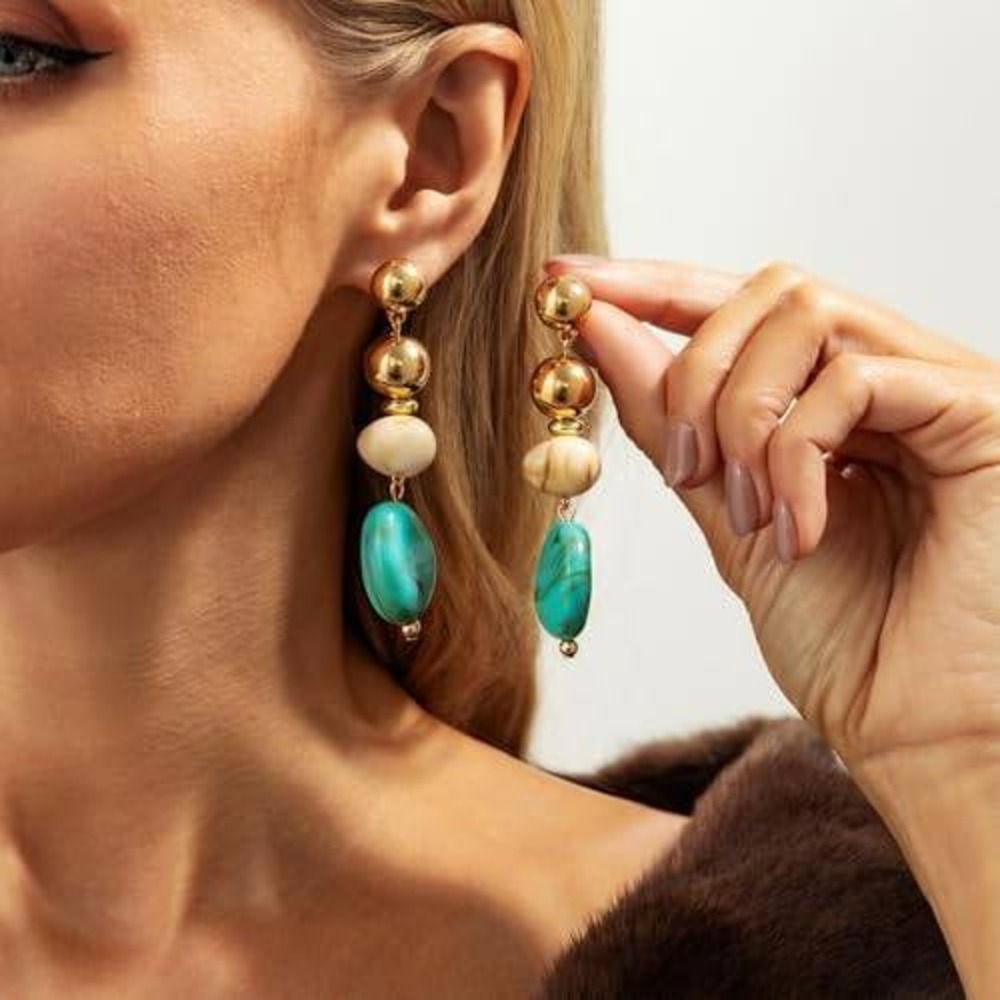 Boho Gold Turquoise Marbled Tiered Drop Earrings Statement‎ Dangle Jewelry